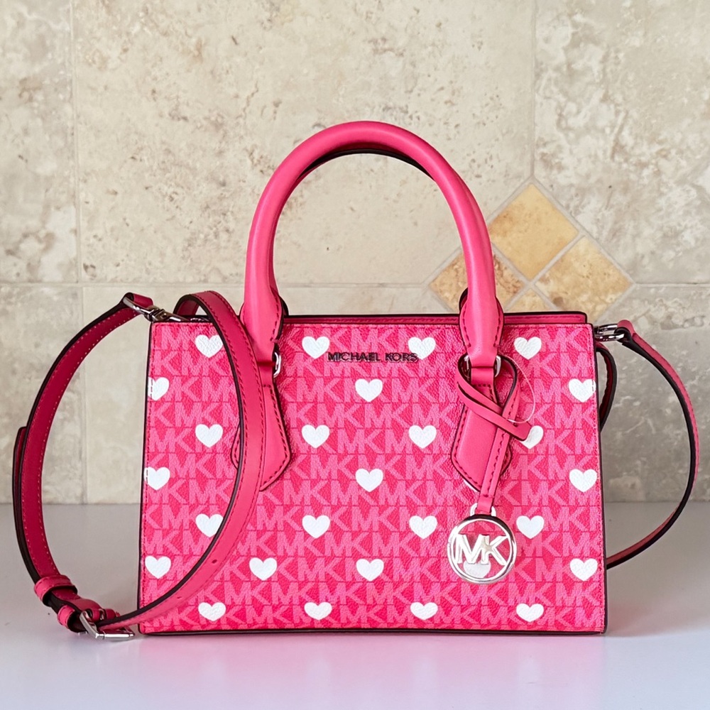 Michael Kors Sheila SM Pink Heart Satchel Shoulder Bag & Wallet Set - Picture 2 of 16